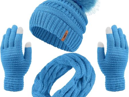 Womens Winter Warm Sets Knitted Fur Pompoms Beanie Hat Circle Loop Scarf Touch Screen Gloves Winter Favor Accessories For Sale